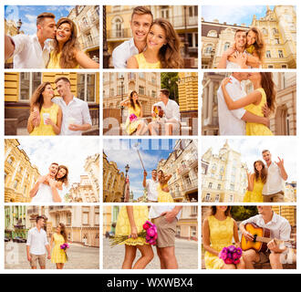 Collage von netten jungen Paar in Liebe Walking Street in der Altstadt Stockfoto