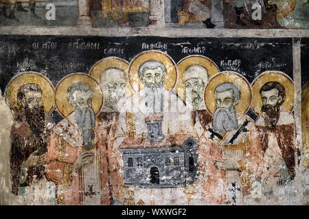 Fresko des Heiligen Cyrill und Methodius und Studenten einschließlich St. Clemens und St. Naum im Saint Naum Kloster in der Nähe von Ohrid in Mazedonien Stockfoto