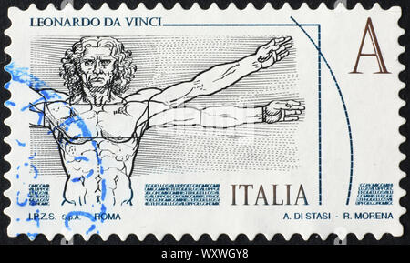 Vitruvianische Mensch von Leonardo auf italienischen Briefmarke Stockfoto