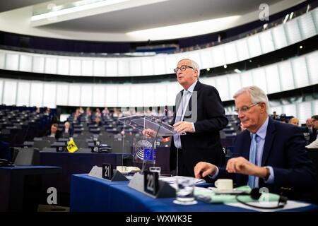 18. September 2019, France (Frankreich), Straßburg: Der Präsident der Europäischen Kommission, Jean-Claude Juncker, wird an der Plenarsitzung des Europäischen Parlaments. Während der Sitzung der EU-Parlament, die Abgeordneten debattieren die Brexit. Der Präsident der EU-Kommission Juncker will über sein Treffen mit dem britischen Premierminister Boris Johnson zu informieren. Eine Auflösung ist auch, die zur Abstimmung gestellt werden. Foto: Philipp von Ditfurth/dpa Stockfoto