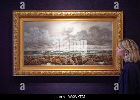 Bonhams, New Bond Street, London, UK. 18. September 2019. Bonhams 19. Jahrhundert Kunst verkauf Vorschau. Bild: John Brett, ARA (British, 1831-1902). Eine starke Sou-Wester auf einem eisernen-gebundenen Küste, Schätzung, £ 10.000, 000. Der Verkauf findet am 26. September 2019. Credit: Malcolm Park/Alamy Leben Nachrichten. Stockfoto