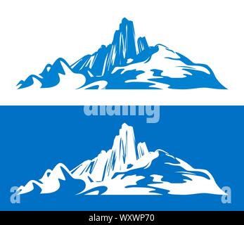 Silhouetten der skandinavischen Berge isoliert auf Blau und Weiß. Flache element Design für Reisen oder Wandern und Klettern sport Illustrationen. Stock Vektor