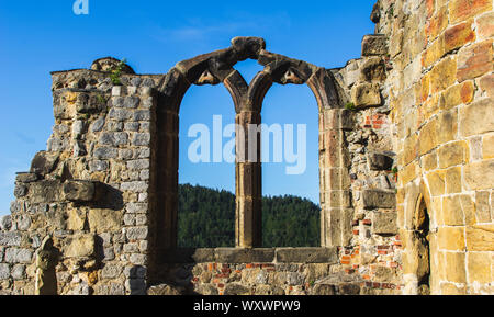 Fenster "Bibliothek", das in den Ruinen des Klosters am Berg Oybin Sachsen / Deutschland Stockfoto