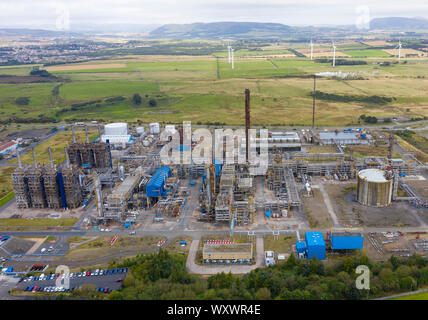 Luftaufnahme von Mossmorran ethylenanlage am 18. September 2019 in der Fife, Schottland, Großbritannien. Die Anlage wird gemeinsam von ExxonMobil und Shell UK betrieben. Publi Stockfoto