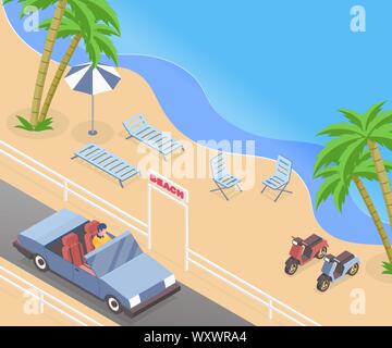 Sommer Urlaub isometrische Vector Illustration. Cabrio Fahrer, Mann, der Pkw auf Straße Reise cartoon Charakter. Saisonale Erholung, Meer mit Palmen, geparkte Roller und Sonnenliegen Stock Vektor