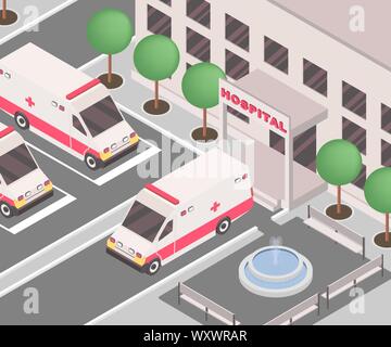 Krankenhaus außen isometrische Vector Illustration. 3D-Krankenwagen geparkten Autos außerhalb der Klinik, medizinische Institution Fassade. Notdienst, Erste Hilfe Verkehr Parken, Gesundheitswesen Stock Vektor