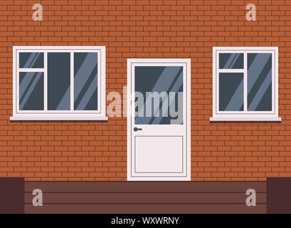Vektor Kunststoff weiß Vorne geschlossene Tür mit Treppe und zwei Stück und Baum Abschnitt Fenster. Stock Vektor
