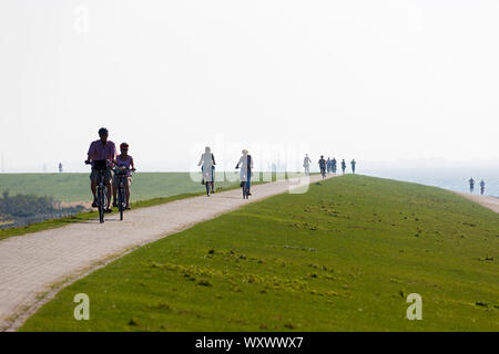Norderney; Radfahrer, Deich, Watt Stockfoto