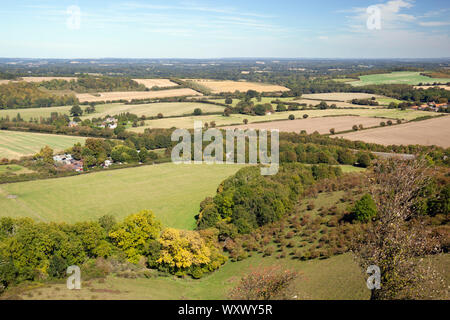 Blick über Hampshire Ackerland Landschaft von oben von Beacon Hill, Burghclere, Hampshire, England, Vereinigtes Königreich, Europa Stockfoto
