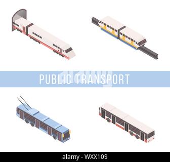 Öffentliche Verkehrsmittel isometrische Vektor banner Vorlage. Straßenbahn-, U-Bahn, Bus und Obus 3D-Illustrationen mit Typografie. City Transport Business, urban Travel Service Konzept Stock Vektor