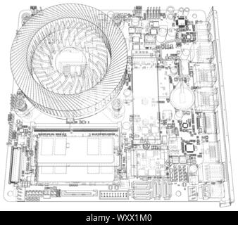 Technologie Hintergrund. CPU auf einem Motherboard auf weißem Hintergrund. Abbildung: erstellt von 3d. Stock Vektor