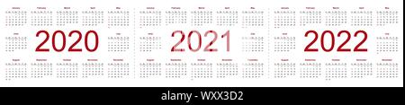 Der minimalistische Kalender, Jahre 2020 2021 2022 Wochen beginnen Sonntag. Isolierte Vector Illustration auf weißem Hintergrund. Stock Vektor