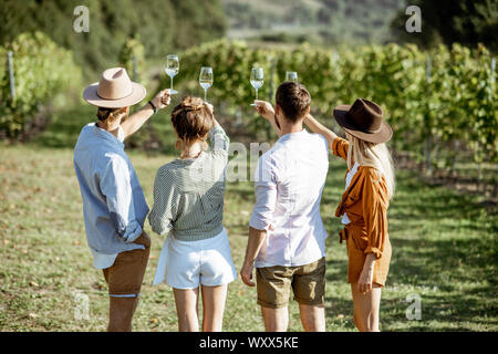 Gruppe junger Freunde Weinproben im Weinberg, auf dem Wein an einem sonnigen Sommermorgen Gläser, Ansicht von der Rückseite Stockfoto