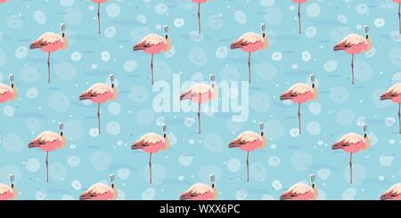 Ruhe Flamingo Lagune Sommer Muster. Realistiv Flamingo Vogel auf strukturierten Hintergrund in Pastell blau und rosa Farbtönen. Für Mode, Stoffe, Tapeten, Verpackungsdesign, stationär. Stock Vektor