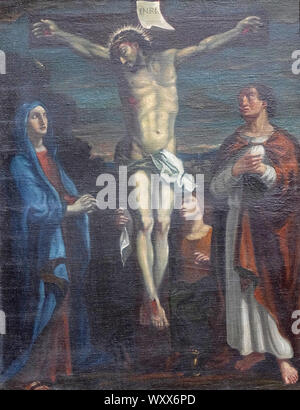 12 Stationen des Kreuzes, Jesus stirbt am Kreuz, die Kirche von St. Agatha in Schmerlenbach, Deutschland Stockfoto