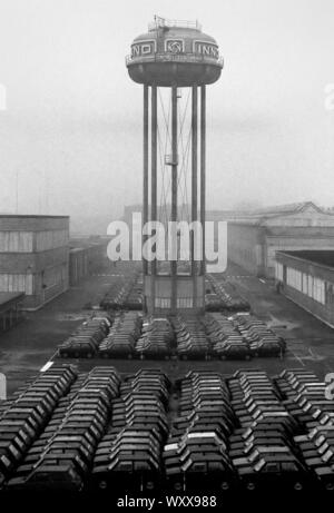 Mailand (Italien), 1975, Innocenti Leyland Autofabrik in Lambrate Arbeitnehmer aufhalten, für Protest gegen Entlassungen; nicht verkauften Autos auf Werften geparkt Stockfoto