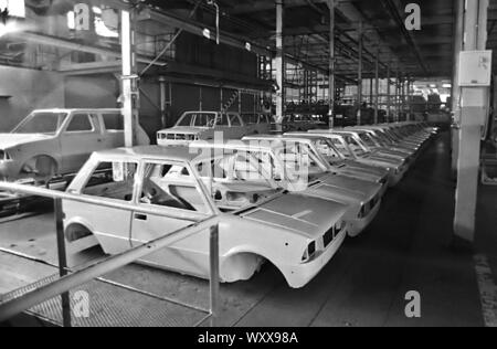 Mailand (Italien), 1975, Montagelinien stoppte in der innocenti Leyland Auto werkseitig bei Lambrate, durch Arbeitnehmer für Protest gegen Entlassungen besetzten Stockfoto