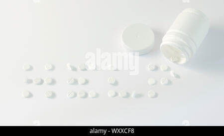 Eine Flasche Pillen für Gesundheit schreiben das Wort helfen. Stockfoto