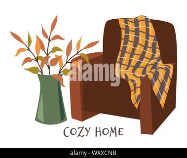 Gemütlich zu Hause. Sessel mit Plaid und Niederlassungen in Vase Hand gezeichnet Flachbild Vector Illustration auf Weiß. Bild für Design Poster und Banner Stock Vektor