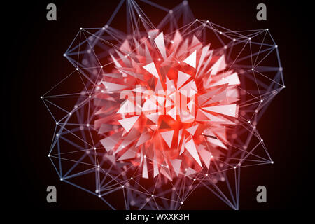 3D-Illustration Rendering. Rot glühenden Kugel Orb mit Shattered Glas steigende hinter einem weißen 3D-Grid. Abstract creative tech Design Hintergrund.