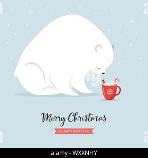 Polar Bear und heiße Schokolade Tasse, Winter und Weihnachten Szene niedlich. Perfekt für Banner, Grußkarte, Bekleidung und Label Design. Vector Illustration Stock Vektor