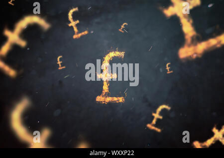 Brennen Symbol der britischen Pfund im Raum schwebend. Konzeption von Risikomanagement in Geld Handel an der Forex Markt Stockfoto