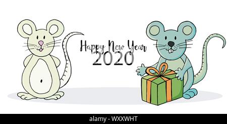 Jahr der Ratte. 2020 Inschrift auf einem weißen Hintergrund. Frohes Neues Jahr 2020. Banner. Symbol des Jahres. Zwei Ratten. Cartoon Stil Stock Vektor