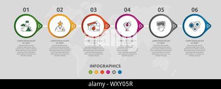 Vektor Infografik 3D Vorlage Kreise für sechs Pfeil, Diagramm, Grafik, Präsentation. Business Konzept mit 6 Optionen. Leerzeichen für Inhalt, Schritt Stock Vektor
