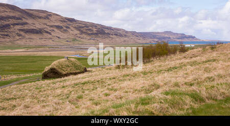 BUOARDALUR, ISLAND - Eiriksstadir, Viking Langhaus, die Erholung von Eric dem Roten Homestead. Stockfoto