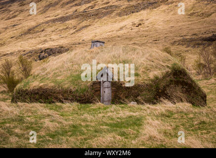 BUOARDALUR, ISLAND - Eiriksstadir, Viking Langhaus, die Erholung von Eric dem Roten 10. Jahrhundert Homestead. Stockfoto