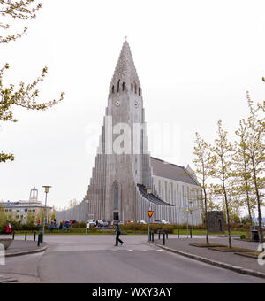 REYKJAVIK, Island - Hallgrimskirkja, weiß konkreten Kirche. Stockfoto