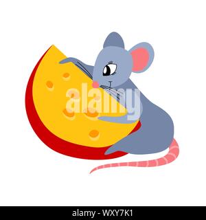 Cute cartoon Maus mit Käse auf weißem Hintergrund. Flache Vector Illustration. Stock Vektor