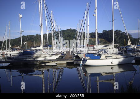 Yachten vor Anker auf eine Marina mit blauem Himmel und Reflexionen der Mast und Rigg auf dem Wasser Stockfoto