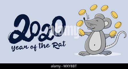 Jahr der Ratte. 2020 typografische Inschrift auf einem grauen Hintergrund. Frohes Neues Jahr 2020. Banner. Symbol des Jahres mit Münzen im Comic-Stil Stock Vektor
