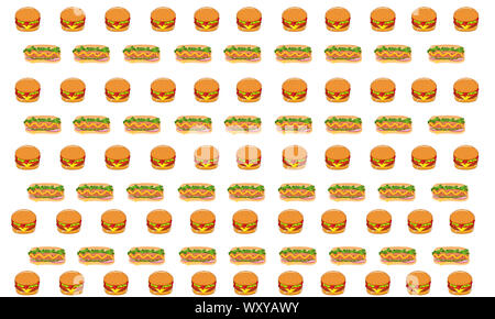 Cartoon Stil Abbildung: Burger, Pizza, Sandwich und Hot Dog. Fast Food nahtlose Muster. Hand gezeichnet Essen Hintergrund. Vorlage für die Gestaltung der Website. Stockfoto