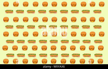 Cartoon Stil Abbildung: Burger, Pizza, Sandwich und Hot Dog. Fast Food nahtlose Muster. Hand gezeichnet Essen Hintergrund. Vorlage für die Gestaltung der Website. Stockfoto