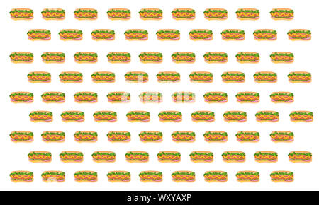 Cartoon Stil Abbildung: Burger, Pizza, Sandwich und Hot Dog. Fast Food nahtlose Muster. Hand gezeichnet Essen Hintergrund. Vorlage für die Gestaltung der Website. Stockfoto