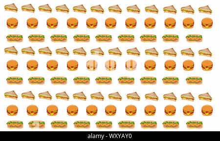 Cartoon Stil Abbildung: Burger, Pizza, Sandwich und Hot Dog. Fast Food nahtlose Muster. Hand gezeichnet Essen Hintergrund. Vorlage für die Gestaltung der Website. Stockfoto