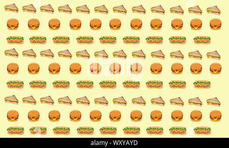 Cartoon Stil Abbildung: Burger, Pizza, Sandwich und Hot Dog. Fast Food nahtlose Muster. Hand gezeichnet Essen Hintergrund. Vorlage für die Gestaltung der Website. Stockfoto