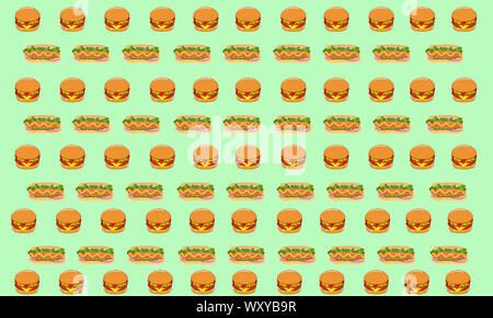 Cartoon Stil Abbildung: Burger, Pizza, Sandwich und Hot Dog. Fast Food nahtlose Muster. Hand gezeichnet Essen Hintergrund. Vorlage für die Gestaltung der Website. Stockfoto