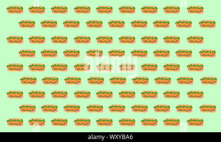 Cartoon Stil Abbildung: Burger, Pizza, Sandwich und Hot Dog. Fast Food nahtlose Muster. Hand gezeichnet Essen Hintergrund. Vorlage für die Gestaltung der Website. Stockfoto