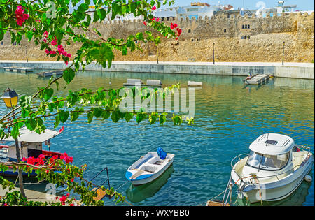 Der Blick durch die blühenden Bougainvillea Busch auf Bizerte Hafen mit Booten und mittelalterliche Kasbah Festungsmauer auf Hintergrund, Tunesien Stockfoto