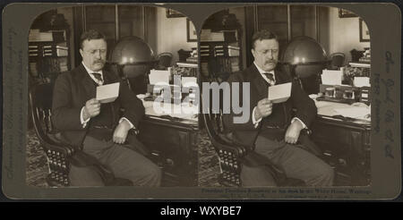 Präsident Theodore Roosevelt an seinem Schreibtisch im Weißen Haus, Washington, D.C., USA, Stereo Karte, R.Y. Junge, Amerikanische stereoskopische Co., 1903 Stockfoto