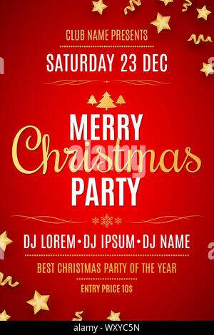 Flyer für die Weihnachtsfeier. Goldene Sterne mit Konfetti und Serpentine auf einem roten Hintergrund. Stilvolle Schriftzug. DJ und Club name. Grußkarte. Vektor i Stock Vektor