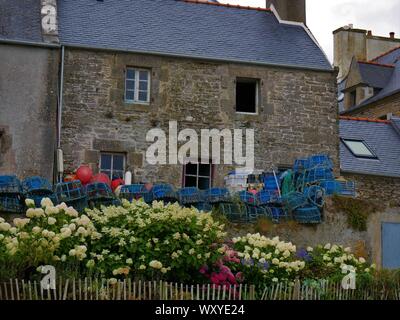 Maison bretonne Fleurie d'Hortensias avec des accessoires de Peche au crustacés, toit de Ardoise, casier De Peche, Le Conquet, Bretagne Stockfoto