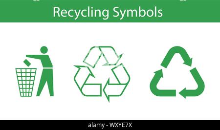 Drei recycling Symbol Symbole gesetzt-Papierkorb und Pfeile Stock Vektor