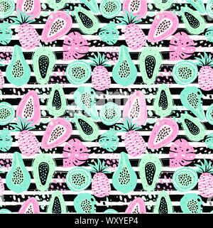 Nahtlose Muster mit Kreativen moderne Früchte. Hand trendy Hintergrund dargestellt. Stock Vektor