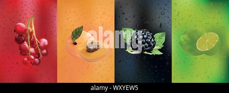 Saft mit rote Johannisbeere Berry, Black, Aprikose, Kalk. Sammlung 3D realistische Obst. Tautropfen in Bewegung. Frische fruis Nahaufnahme mit Tropfen Stock Vektor