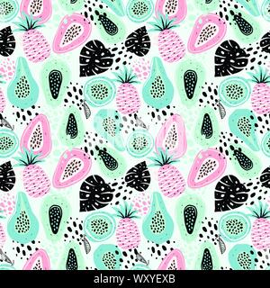 Nahtlose Muster mit Kreativen moderne Früchte. Hand trendy Hintergrund dargestellt. Stock Vektor