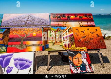 Artwork Anbieter auf dem Malecon, Puerto Vallarta, Jalisco, Mexiko. Stockfoto